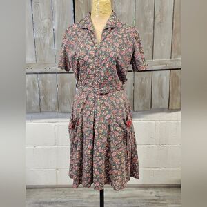 Vintage 60's Small Dress Short Sleeve Paisley With Belt Cottagecore ILGWU US
